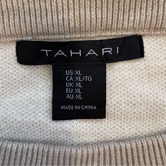 TAHARI Cream and Tan Checkered Long Sleeve Crewneck Sweater XL - Picture 3 of 8